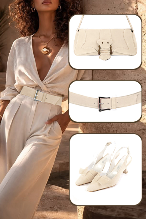 Women's egg shell beige elegant slingback heels, with a bow on the front. Tapered toe. Medium spool heels - Top view